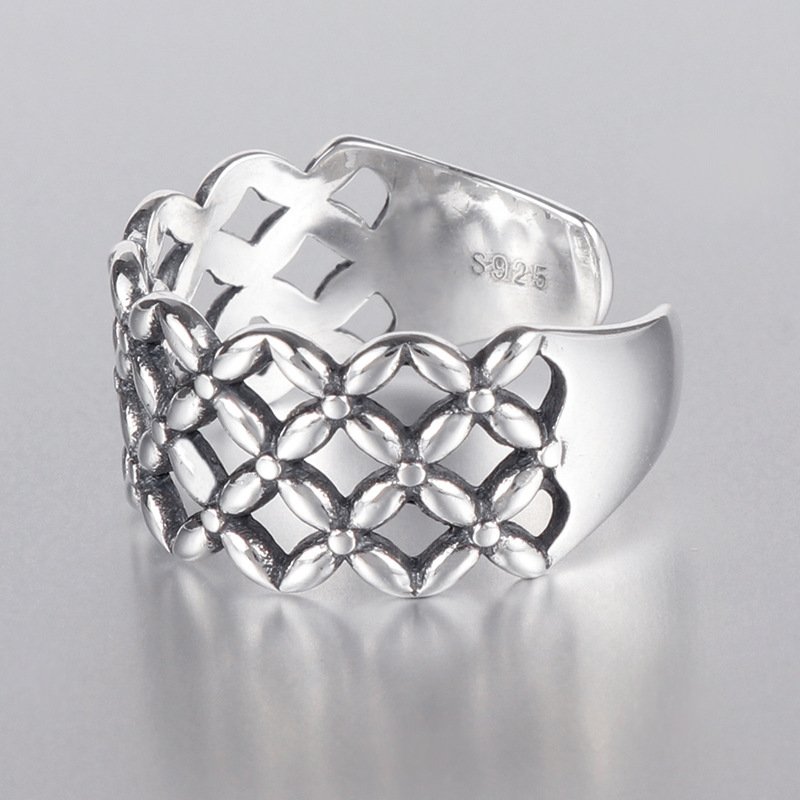 S925 Sterling Silver Vintage Hollow Mesh ring Silver Ring