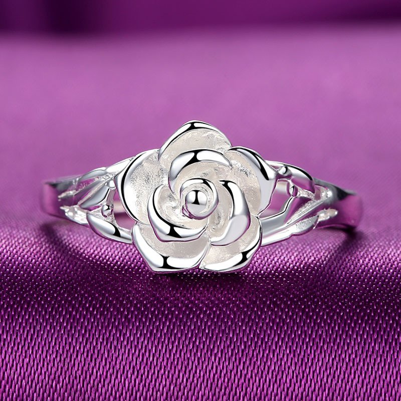 Pure Silver Rose Flower Ring Ladies Silver Jewelry...