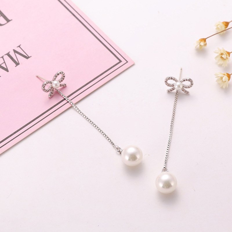 Sterling Silver Needle Bow Earrings Long Pendant P...